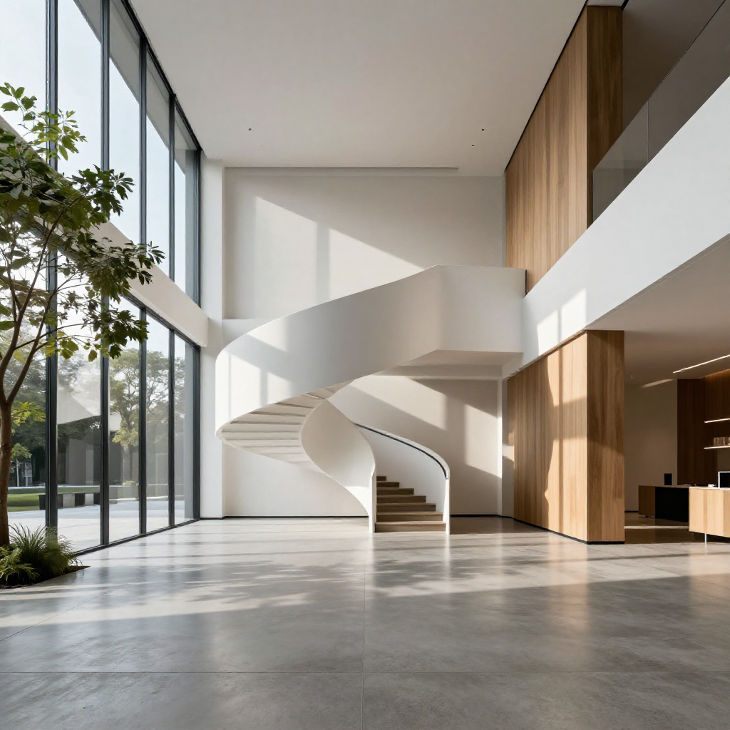 Visualisation architecturale générée par IA : lobby minimaliste moderne