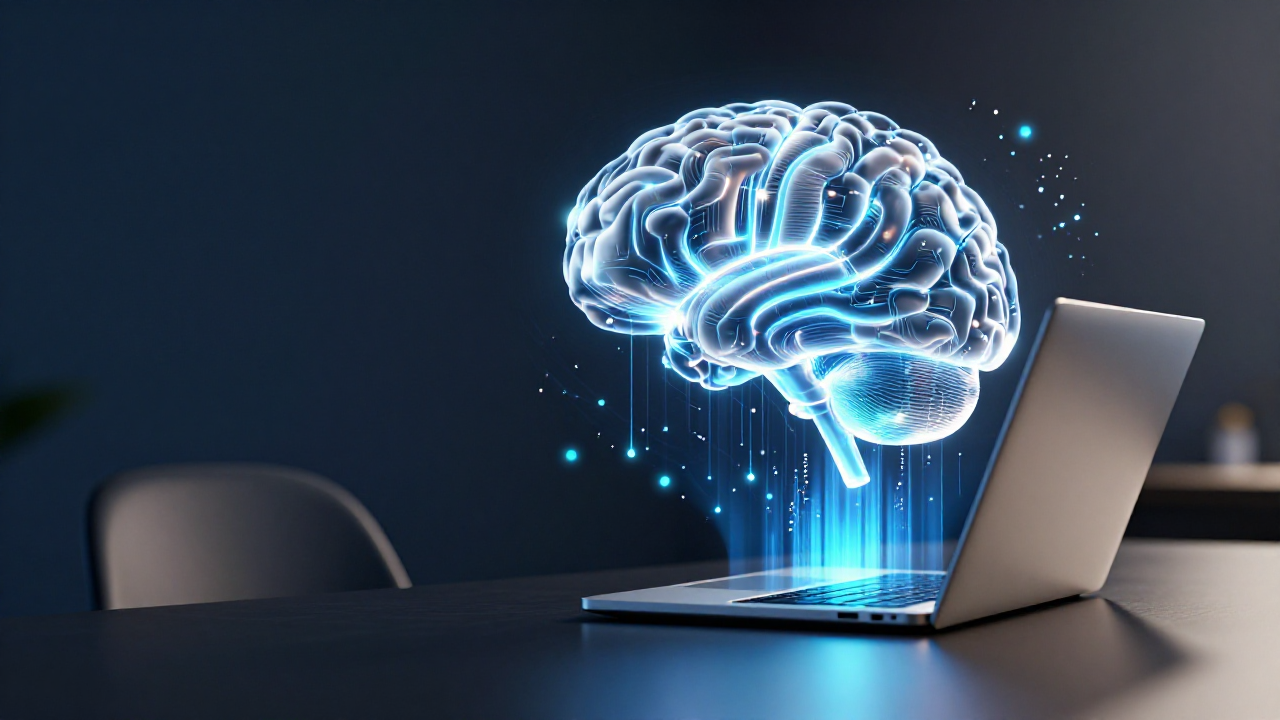 Bannière générée par IA : cerveau holographique de données s'élevant d'un ordinateur