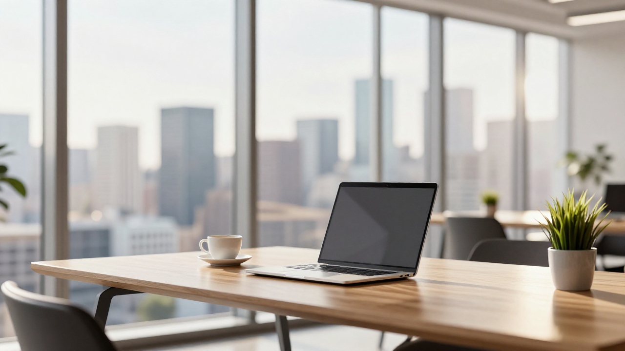 Scène marketing lifestyle générée par IA : bureau moderne lumineux