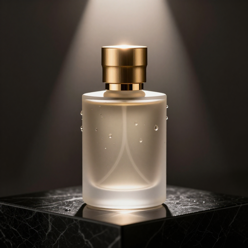 Photographie produit de luxe générée par IA : flacon de parfum sur marbre noir