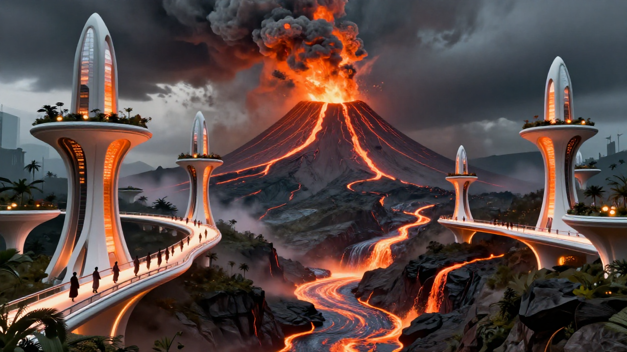 Aperçu du World Evolution Lab — cité futuriste autour d'un volcan en éruption